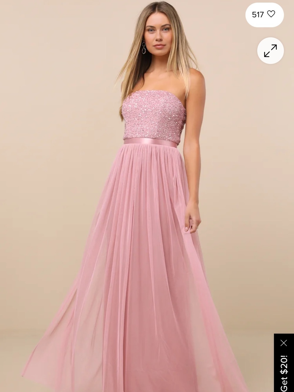 Lulu's Dusty Pink Strapless Beaded Tulle Gown